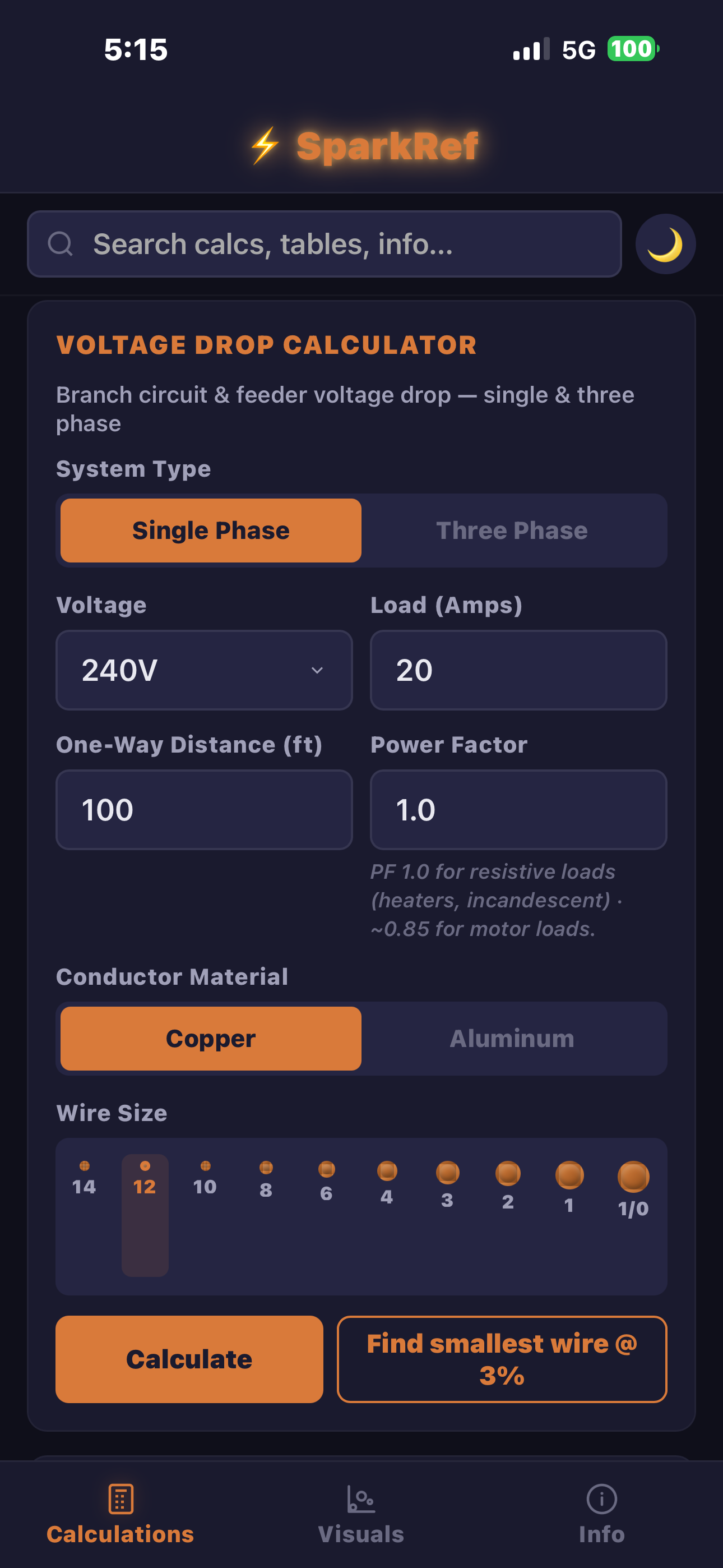 SparkRef voltage drop calculator with system, voltage, load, distance, conductor and wire size inputs
